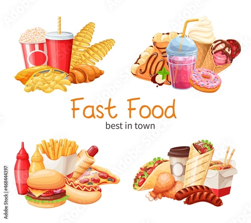 Fast food banners. Street food vector illustration. Tornado potato, crepes, hamburger, wok noodles, hot dog, shawarma, pizza, ice pop and others for takeaway cafe design.