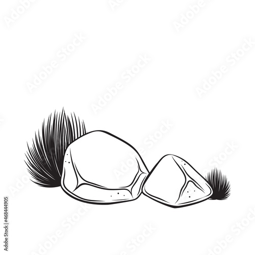 Stone with plant, drawn monochrome boulders and grass, outline vector illustration.
