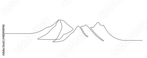 One continuous line drawing of mountain range landscape. Top view of mounts in simple outline style. Adventure hiking and winter sports concept isolated on white background. Linear vector illustration