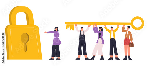 Tiny people carry giant golden key, success teamwork concept. Business characters hold golden key, unlock new opportunities vector illustration. Teamwork cooperation concept