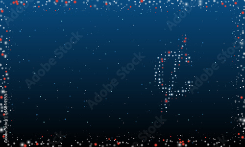 On the right is the cent symbol filled with white dots. Pointillism style. Abstract futuristic frame of dots and circles. Some dots is red. Vector illustration on blue background with stars