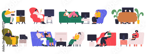 People watching tv, couple, family resting on couch at home. Characters at home watching movie or playing video games vector illustration set. Person spending time tv viewing