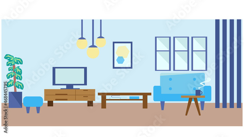 青基調の部屋　フラットな内装イラスト