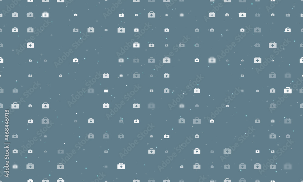 Seamless background pattern of evenly spaced white first aid symbols of different sizes and opacity. Vector illustration on blue gray background with stars Seamless background pattern of evenly spaced white first aid symbols of different sizes and opacity. Vector illustration on blue gray background with stars