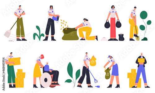 Volunteers, charity social workers collecting trash and help elderly people. Young charity social workers volunteering vector illustration set. Kindness and charity activity