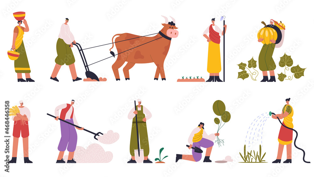 Indian farmers, rural farm characters planting and harvesting. Farmers in traditional clothes plowing soil, planting crops vector illustration set. Indian farm workers