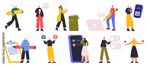 Characters rating, online survey or giving feedback. People choosing right answer, voting or giving customer review vector illustration set. Online survey concept scenes