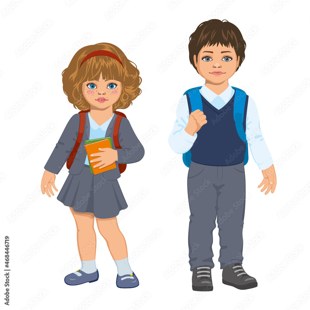 happy children come to school with backpacks and books. classmates kids in uniform isolated in white background. Vector illustration. happy children come to school with backpacks and books. classmates kids in uniform isolated in white background. Vector illustration.