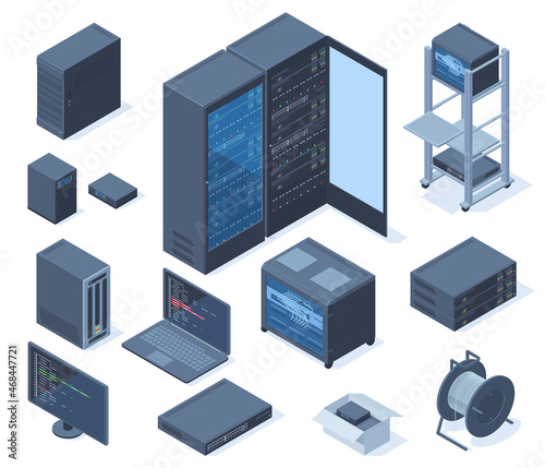 Isometric data center, network technology and hosting servers equipment. Network server room, cloud database station vector illustration set. Computer network technology photo