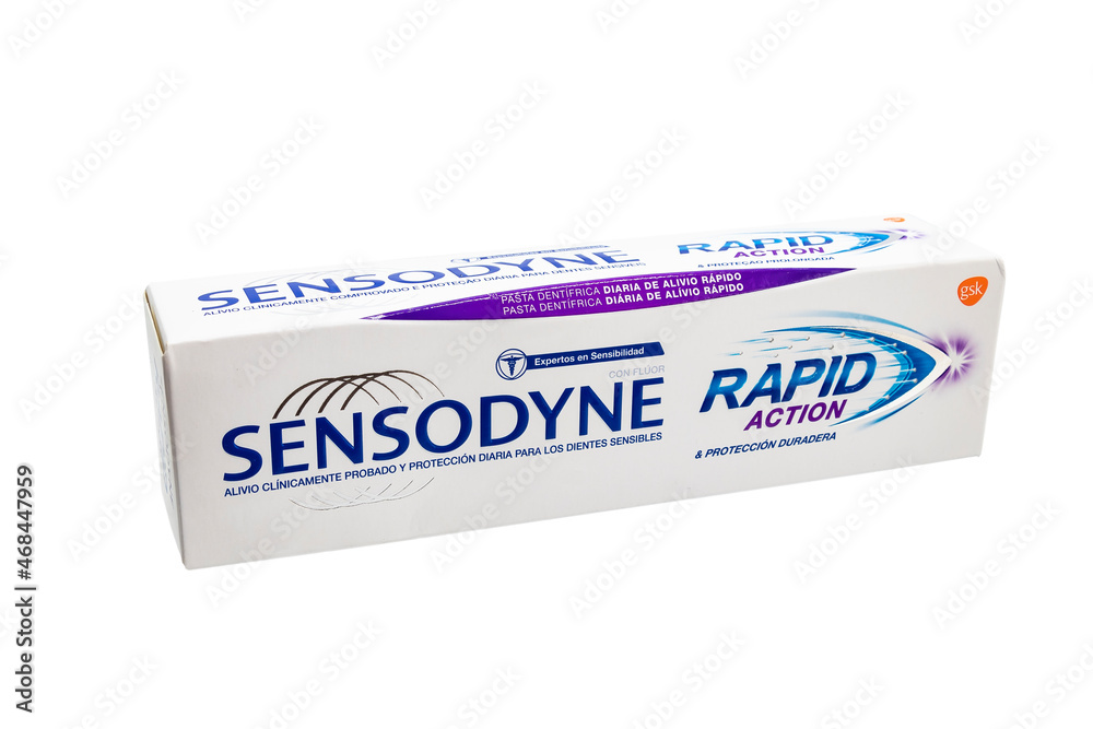 Huelva, SpainNovember 5, 2021 Spanish box of Sensodyne toothpaste. It