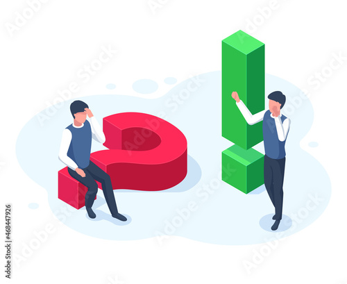 Isometric 3d question and answer, faq, problem solution concept. Male characters near question and exclamation marks vector illustration. Advice, answer or research concept