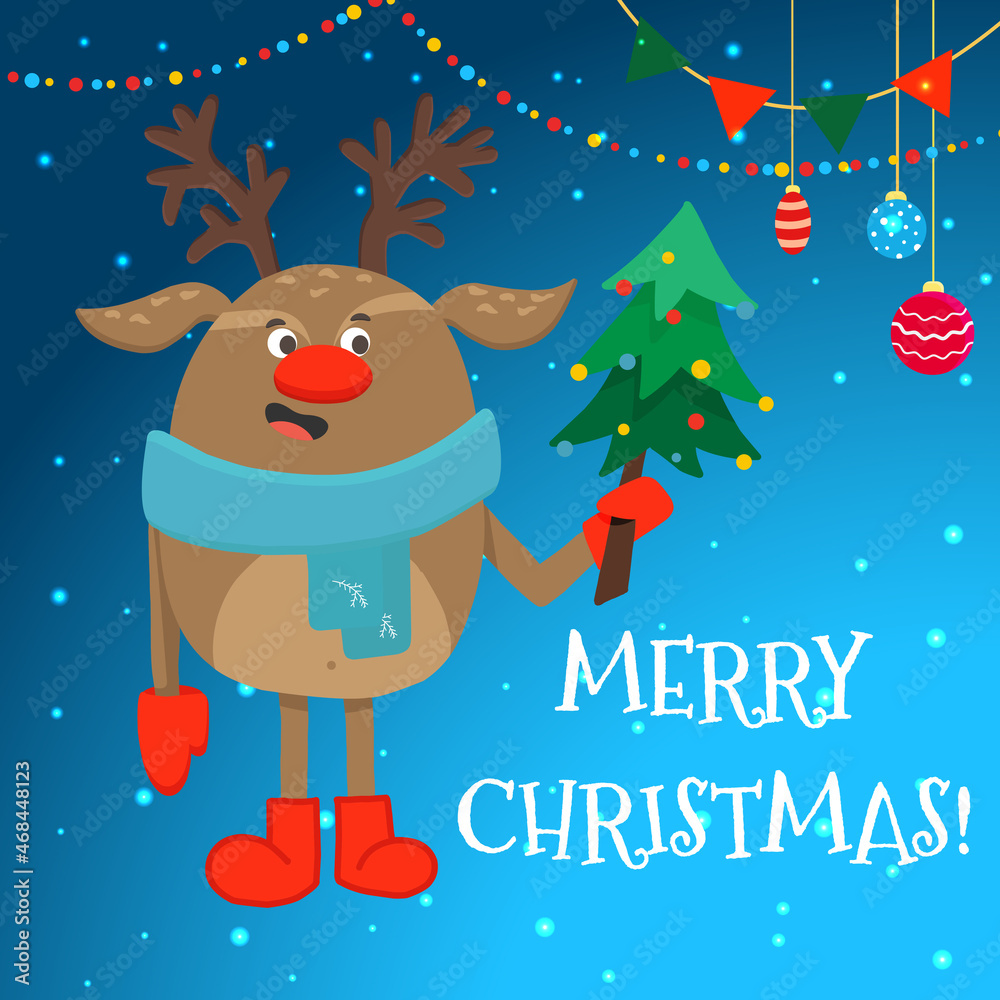 A Christmas card template with a merry Christmas reindeer in a scarf and a Christmas tree.