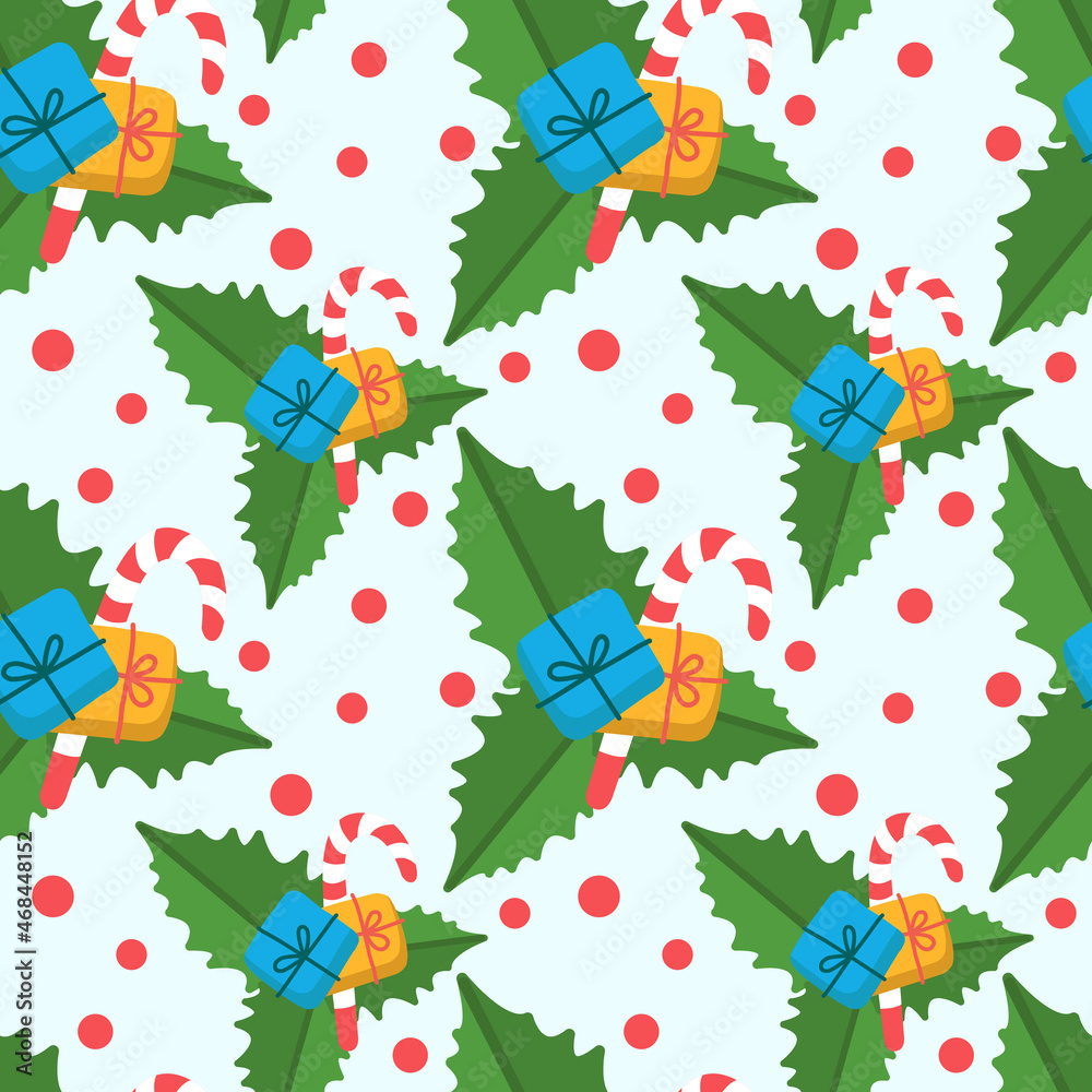 Vector seamless Christmas background with holly flower leaves, New Year gift and candy cane Vector seamless Christmas background with holly flower leaves, New Year gift and candy cane