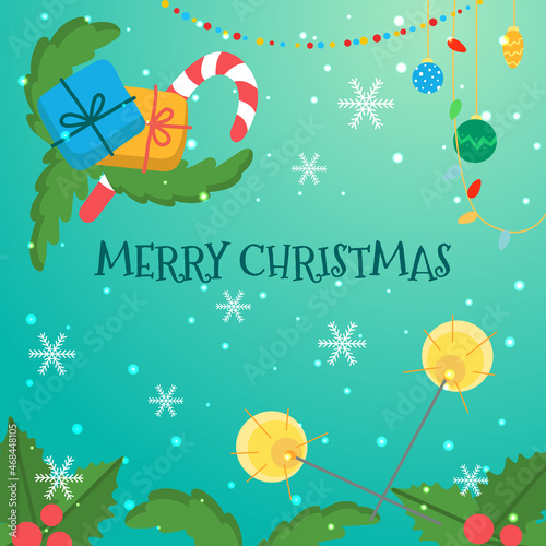 Christmas card template with sparklers, gifts and Christmas decorations