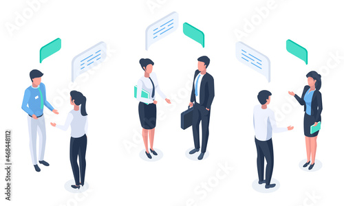 Isometric business people, speech bubble communication, brainstorming or discuss. Social network communication characters vector illustration. Business partners communicate
