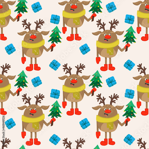 Vector seamless Christmas background with a merry Christmas reindeer in a scarf and a Christmas tree.