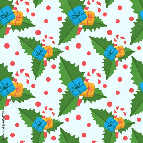 Vector seamless Christmas background with holly flower leaves, New Year gift and candy cane