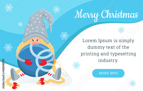 A Christmas horizontal banner with a shy gnomella in a blue cap with a Christmas ball. Vector illustration.