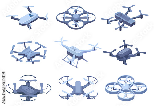 Isometric drones, flying quadcopter with remote controllers. Remote control, unmanned aerial drones vector illustration set. Electronic quadcopters