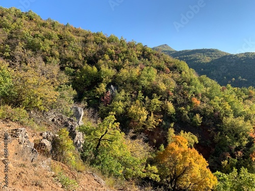 Amazing view down from the hill, autumn colors of the trees © Oksana