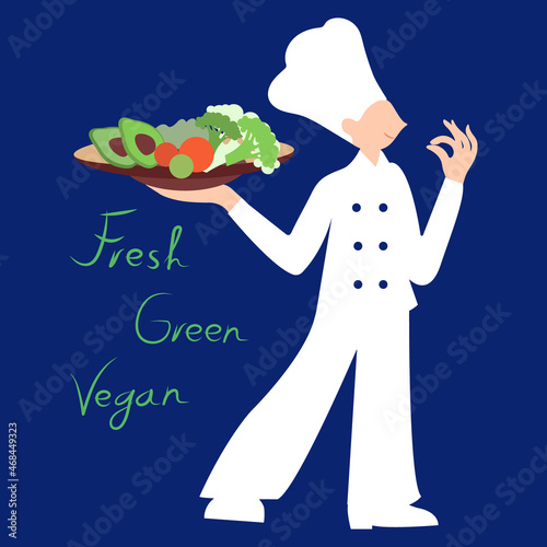 Vegetarian restaurant Chef man wearing cook hat and uniform presents fresh vegetables for the dish. Colorful Vector illustration.