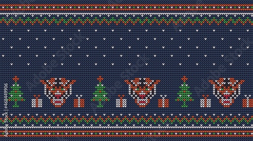 Christmas knitted pattern with tiger gifts and christmas tree. Vector illustration,