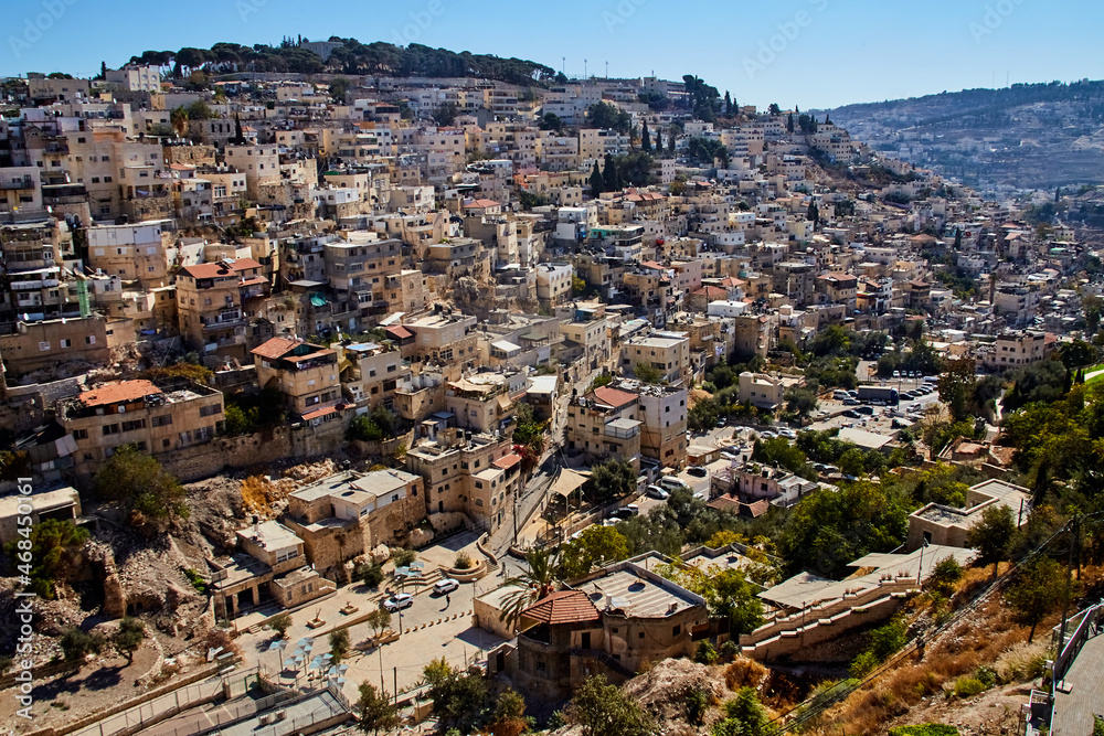 view from city of David on Silwan or Siloam is arab neighborhood in East Jerusalem, on outskirts of Old City of Jerusalem, Israel