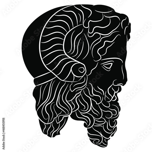 Sculpture head of ancient Greek horned god Zeus Ammon. Black and white negative silhouette.
