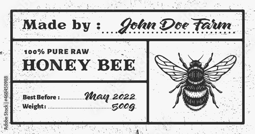 Vector card template with honey bee and space for text. Pure raw honey label. monochrome design, black and white