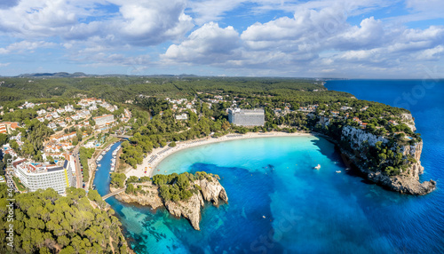 Landscape with aerial view of Cala Galdana beach, Menorca island, Spain photo