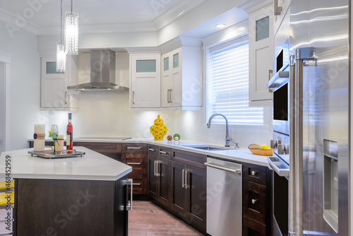 Modern  bright  clean  kitchen interior with stainless steel appliances in a luxury house