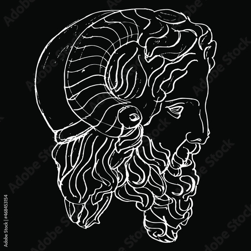 Sculpture head of ancient Greek horned god Zeus Ammon. Hand drawn linear doodle rough sketch. White silhouette on black background.