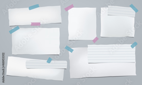 Set of crumple white note, notebook paper pieces with sticky tape stuck on dark grey background. Vector illustration