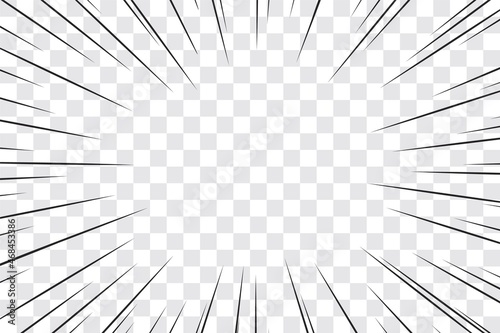 Manga action frame speed simple lines Motion radial lines isolated on transparent background Abstract explosive template banner Black and white monochrome vector retro illustration Comic book element