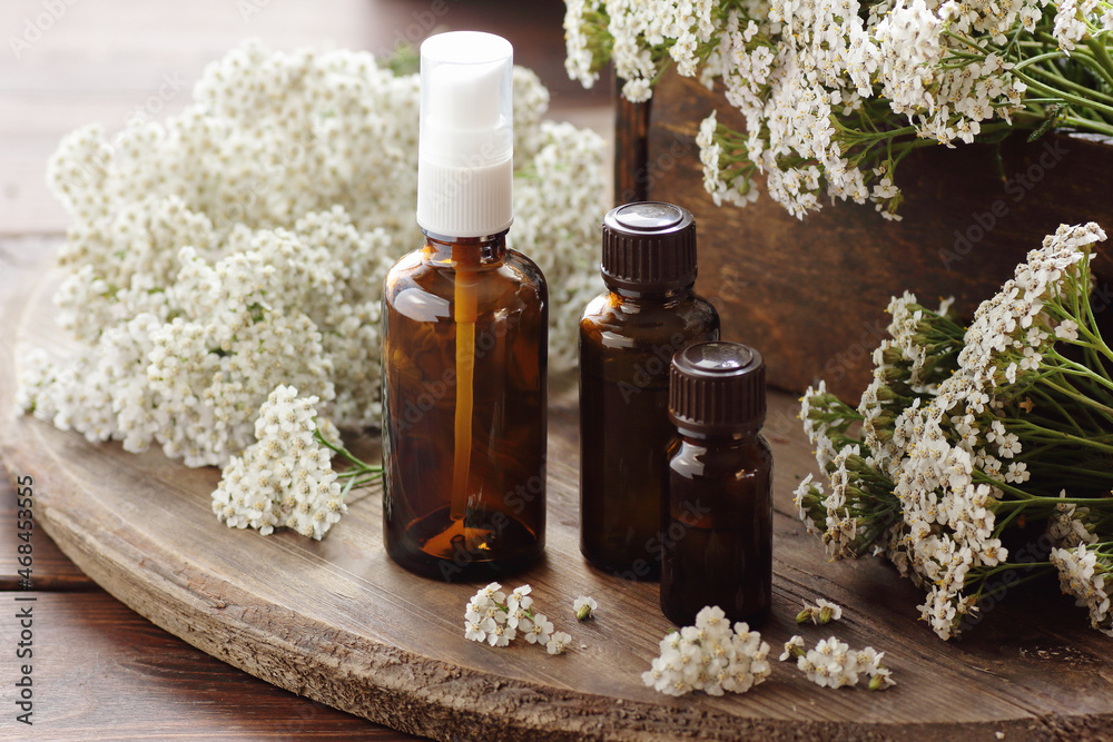 Yarrow herb essential oil or extract in amber bottles with milfoil blossoms on wooden rustic background, closeup, natural cosmetics and naturopathy concept Yarrow herb essential oil or extract in amber bottles with milfoil blossoms on wooden rustic background, closeup, natural cosmetics and naturopathy concept