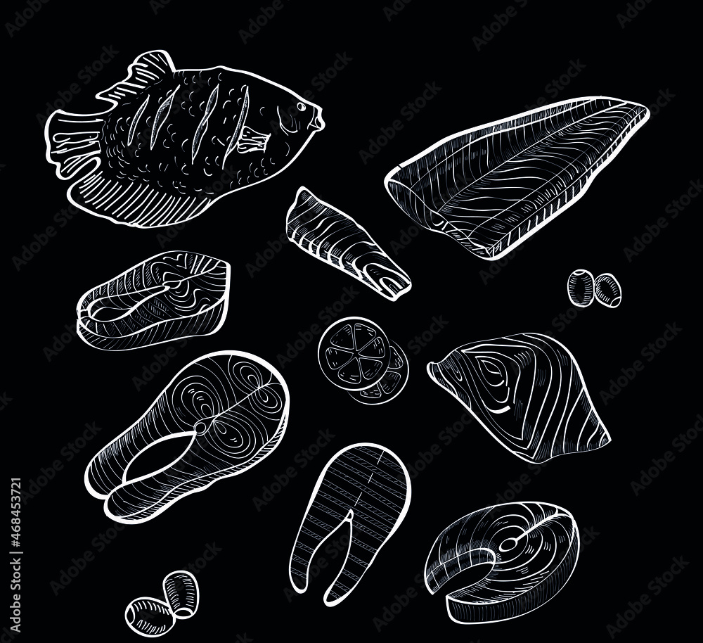Fish, sea food, hand drawn, chalk vector isolated illustration on dark background. Concept for logo, menu, cards, print