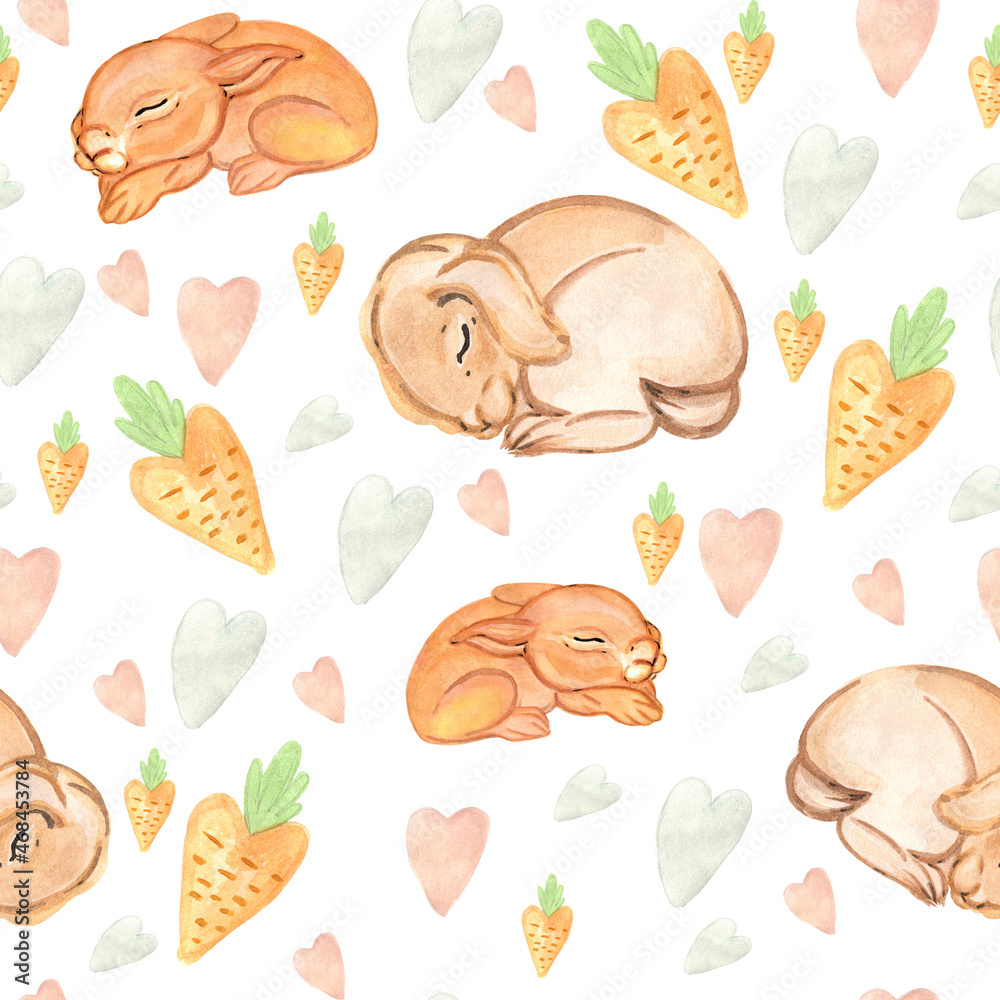 Watercolor pattern sleeping rabbits on a white background