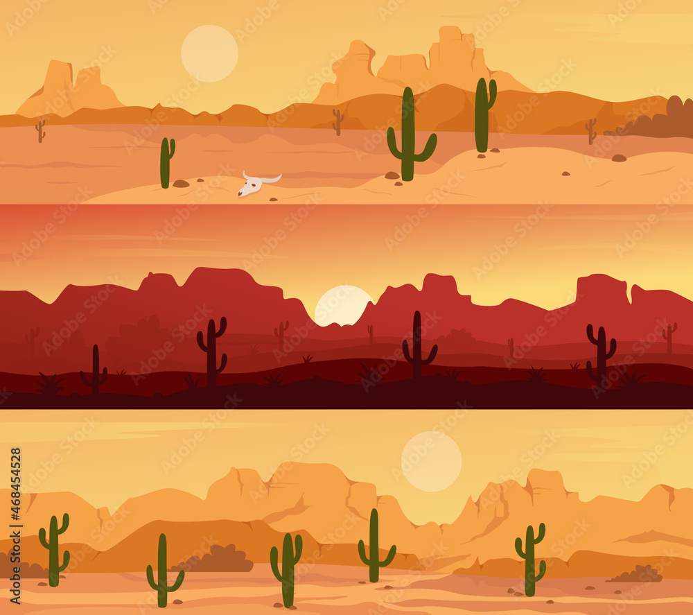 Desert landscape scene with cactuses at sunset set vector illustration. Cartoon mountain wild horizontal panorama nature scenery with dry plants, rock canyon and cacti, hot sun in sky background