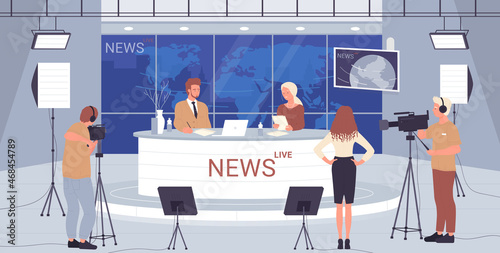 Tv studio live news, broadcasting show interview vector illustration. Cartoon backstage television production scene with people presenters at desk on platform stage, operator cameraman with camera