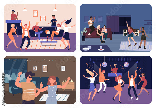 Music dance party with happy young people set vector illustration. Cartoon boy girl characters dancing at home or nightclub with dj, crazy crowd of dancers on discotheque or holiday event background