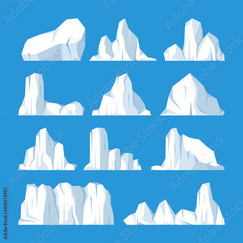 Floating icebergs collection. Drifting arctic glacier, block of frozen ocean water. Icy mountains with snow. Melting ice peak. Antarctic snowy landscape. South and North Pole. Vector illustration.