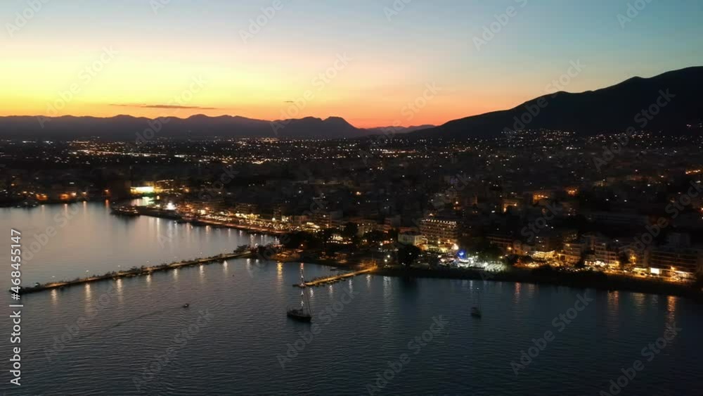 Aerial seaside view over seaside city of Kalamata, Greece at sunset Aerial seaside view over seaside city of Kalamata, Greece at sunset