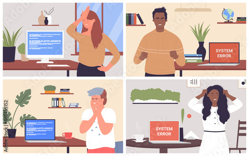 Business people with crash computer system, error problem set vector illustration. Cartoon angry woman man office workers characters standing near blue pc screen or with warning alert in monitor