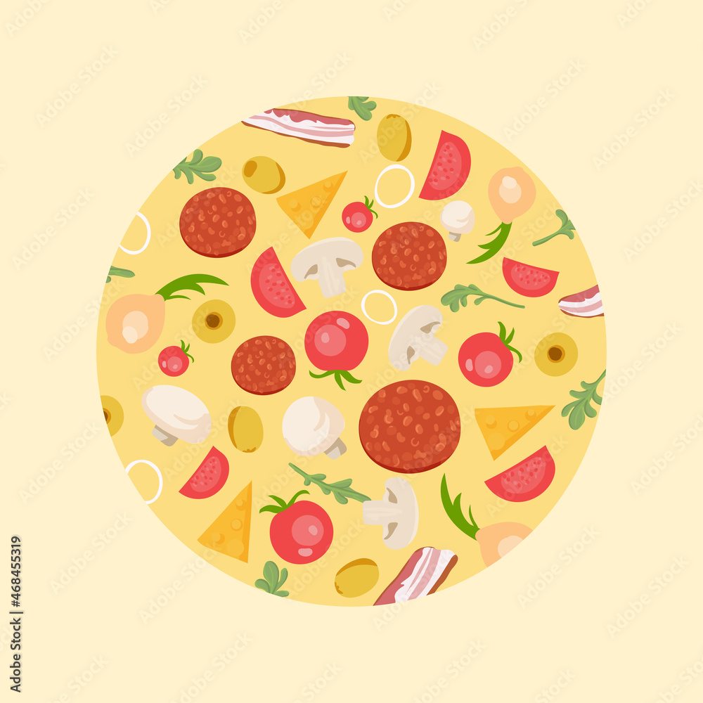 Pizza on a wooden cutting board with pizza ingredients. Pizza on a wooden cutting board with pizza ingredients.