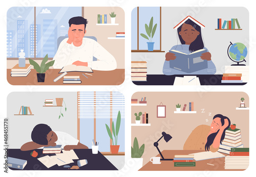 Tired student studying, doing school homework in stress set vector illustration. Cartoon sad frustrated girl boy teen character sitting at desk, burnout from hard study, education problem concept