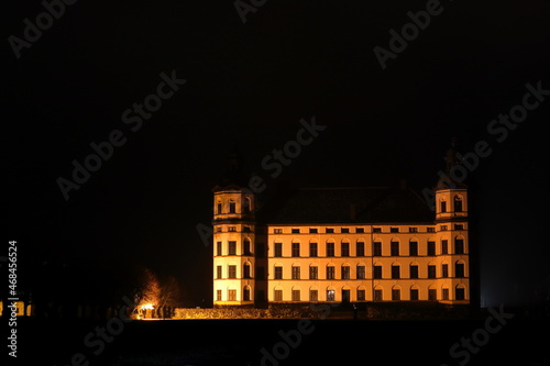 Castle by night. Large old white building with a black sky or background. Skokloster, outside Stockholm, Sweden, Scandinavia, Europe.
