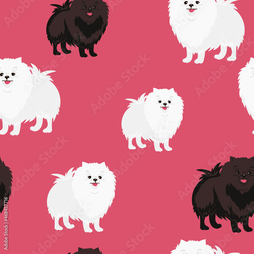 seamless pattern with cartoon dog. Cute Dog breeding white pomeranian spitz for wallpaper, pattern fills, greeting cards, webpage backgrounds, wrapping paper textile, fabric. Vector illustration