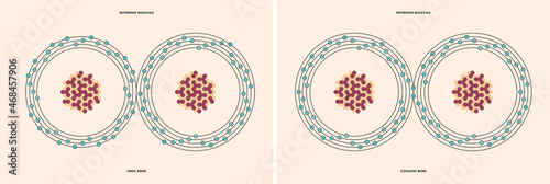 Conceptual vector representation of a ruthenium molecule, made up of two atoms, and the types of chemical bonds: covalent, atoms sharing electrons, and ionic, an atom gives an electron to another atom