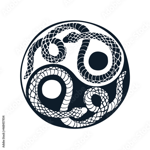 Two snakes in the shape of the Yin Yang symbol. Hand-drawn with ink in traditional Japanese painting style.