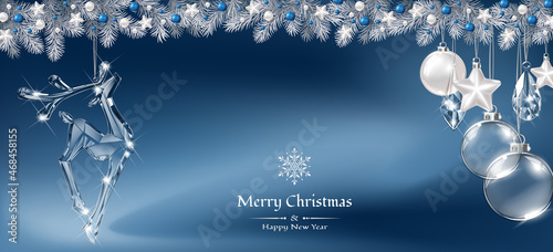Vector realistic transparent Christmas crystal deer decoration and  white fir branches with festive decoration elements on dark blue background. Glass sparkling translucent crystals